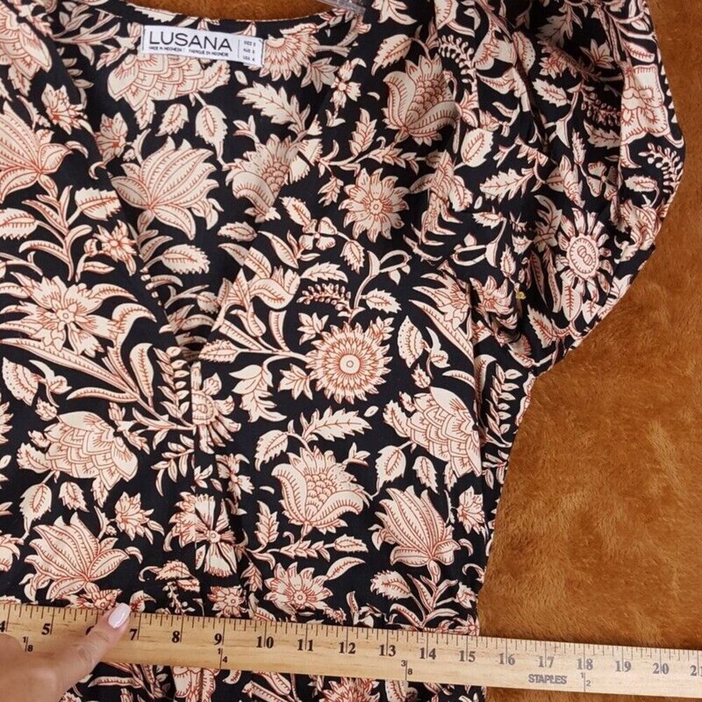 LUSANA Womens Dress Small Black Floral Pullover Fit Flare Belted Ruffle Peasant - Picture 6 of 8